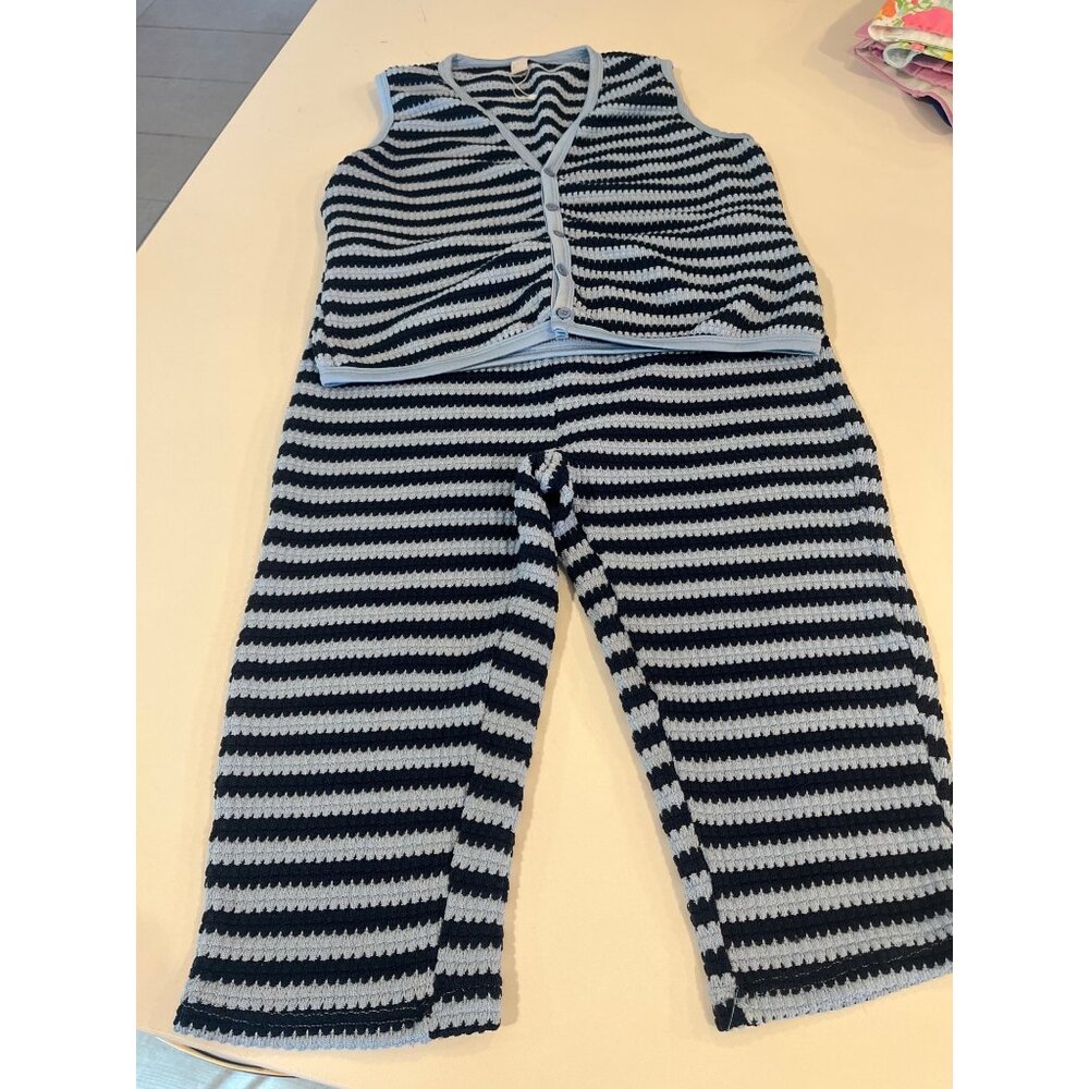 Striped Crocheted Blue & White Womens Vest & Pants Set Size XL